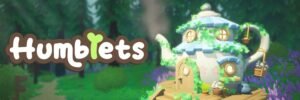 The official logo for the game Humblets positioned next to a whimsical, teapot-shaped house covered in ivy, set within a lush green forest and a field of purple flowers.