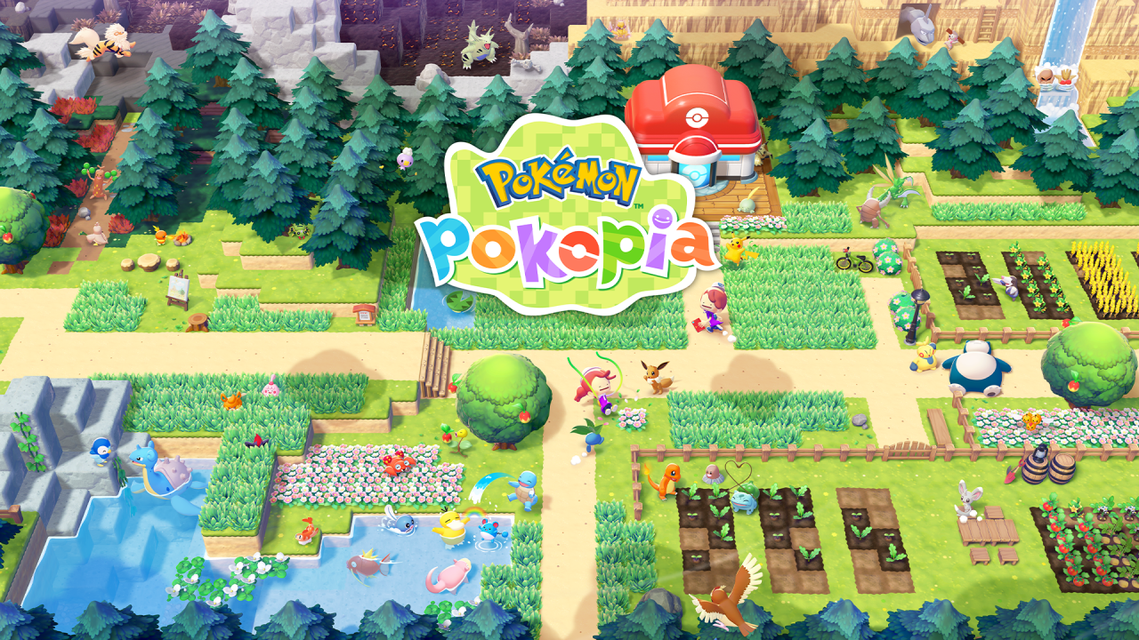 A wide gameplay screenshot of Pokémon Pokopia on Nintendo Switch 2, showing a sprawling voxel-based settlement with a Ditto protagonist, agricultural farmland, a restored Pokécenter, and various wild Pokémon in distinct biomes.