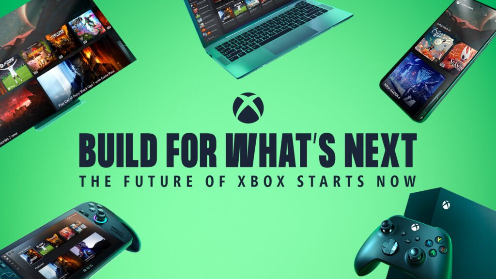 Official Xbox GDC 2026 "Build For What's Next" graphic showing the unified ecosystem across PC, handheld, mobile, and console platforms.