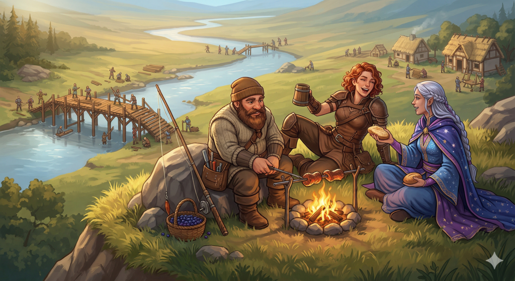 hree fantasy adventurers relaxing around a campfire on a grassy hill, sharing food and a drink. In the sunny valley below, a community of players is working together to build a wooden bridge and a small village next to a river.