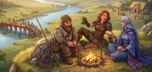 hree fantasy adventurers relaxing around a campfire on a grassy hill, sharing food and a drink. In the sunny valley below, a community of players is working together to build a wooden bridge and a small village next to a river.