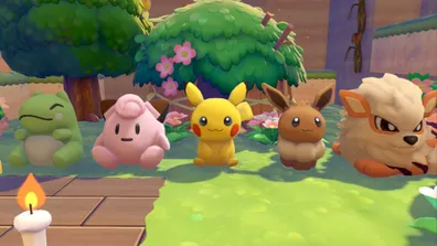 A group of five decorative Pokémon dolls—Bulbasaur, Clefairy, Pikachu, Eevee, and Arcanine—lined up on a grassy voxel surface in Pokémon Pokopia.