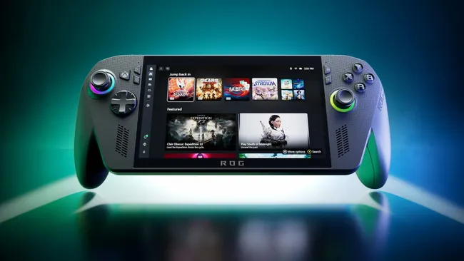 A dark grey handheld gaming PC with ASUS ROG branding and Xbox-style controls, displaying the Xbox dashboard and games like Gears and Hollow Knight.