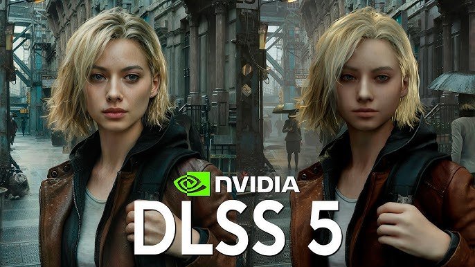 Side-by-side graphics comparison of a female character model demonstrating the lighting and texture changes of Nvidia DLSS 5.