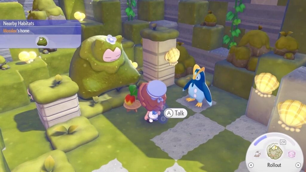 Offering Food For Mosslax in pokemon pokopia, to get Mosslax Buffs