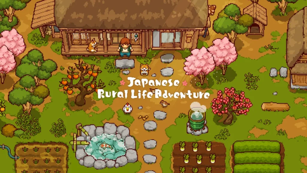 Pixel art of a restored homestead in Japanese Rural Life Adventure, a cozy farming game on Switch, featuring a player character, pets, and cherry blossoms.